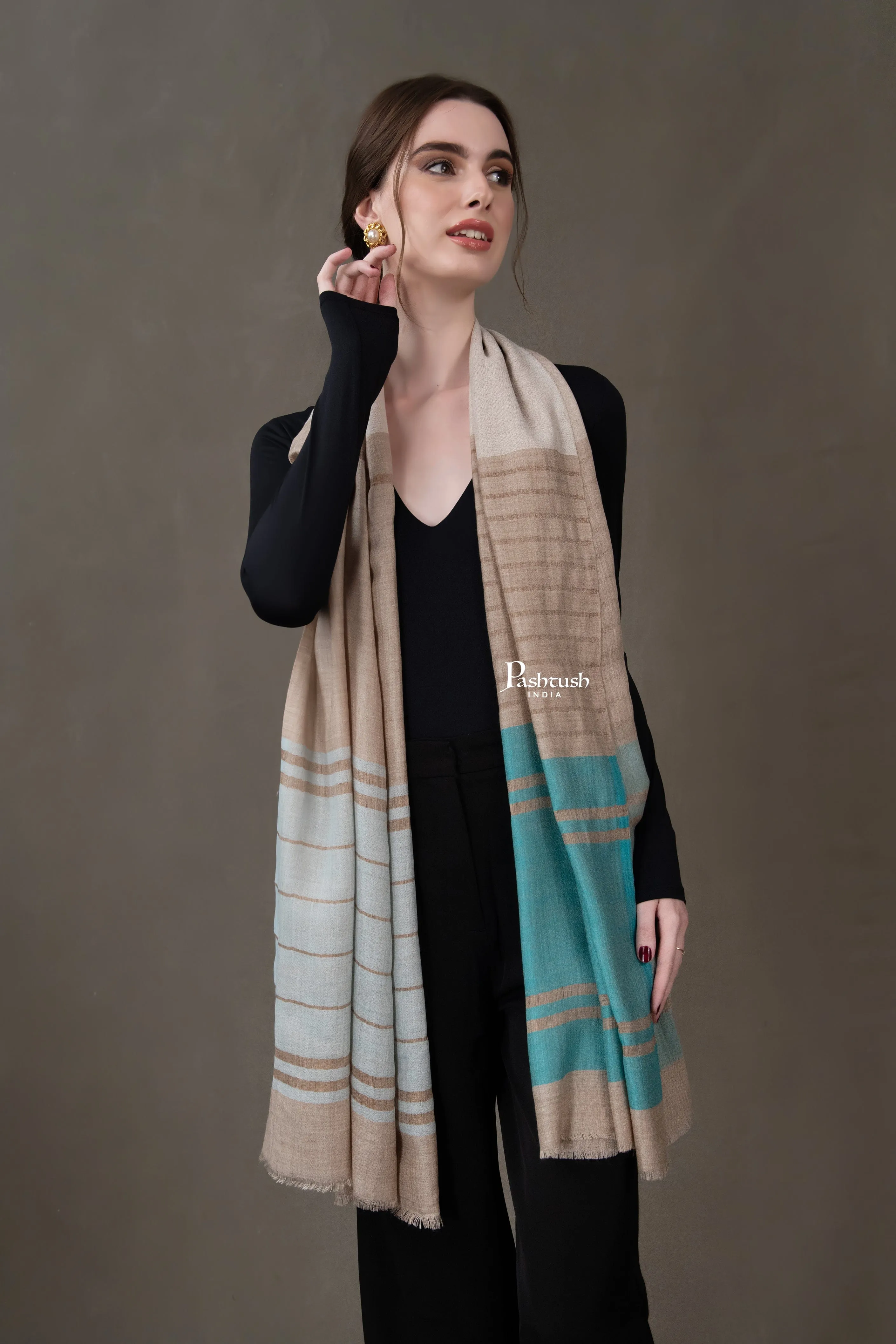 Pashtush Womens Stole, Extra Fine Wool-Silk, Twilight Collection, Beige and Aqua Blue