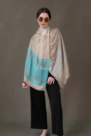 Pashtush Womens Stole, Extra Fine Wool-Silk, Twilight Collection, Beige and Aqua Blue