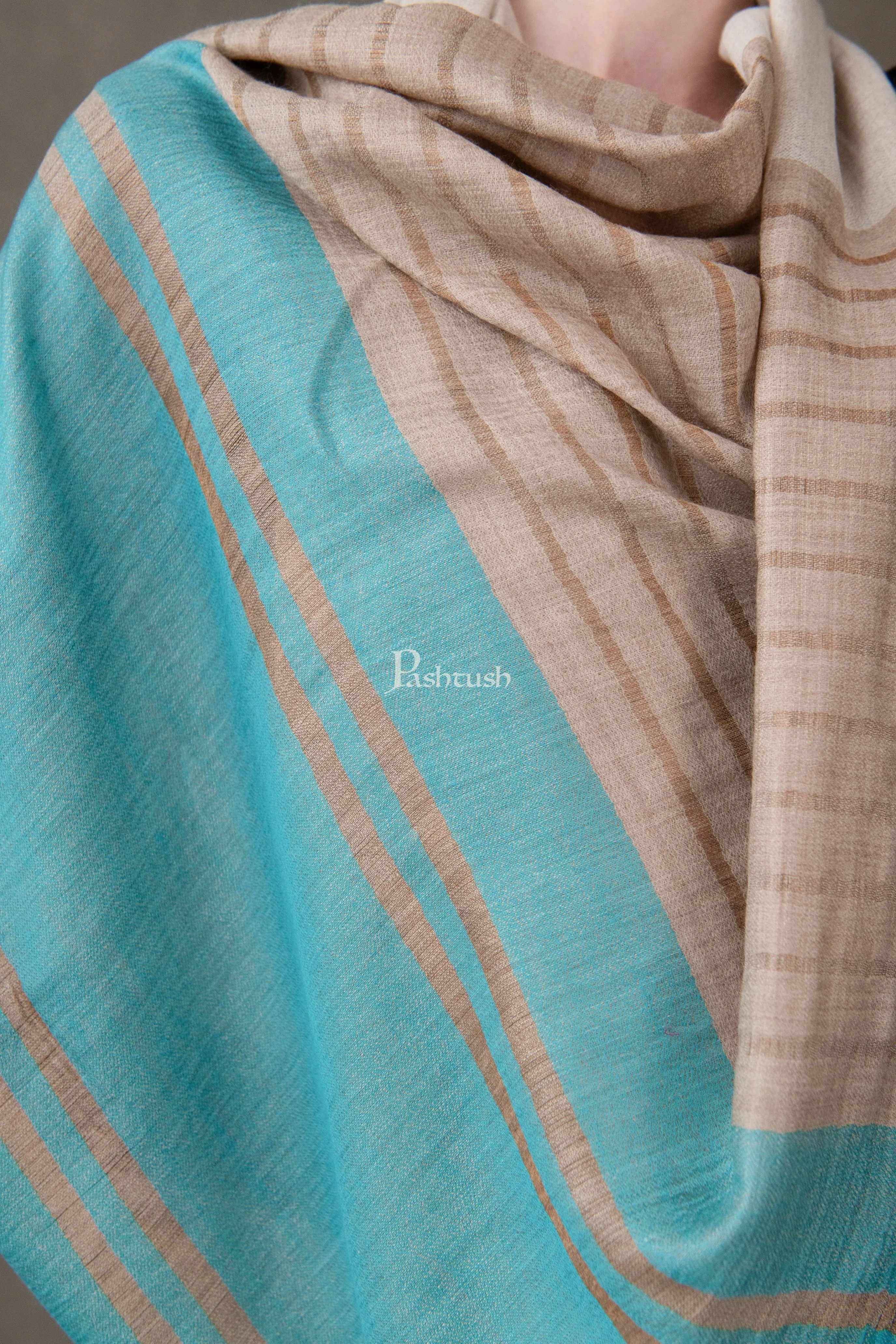 Pashtush Womens Stole, Extra Fine Wool-Silk, Twilight Collection, Beige and Aqua Blue