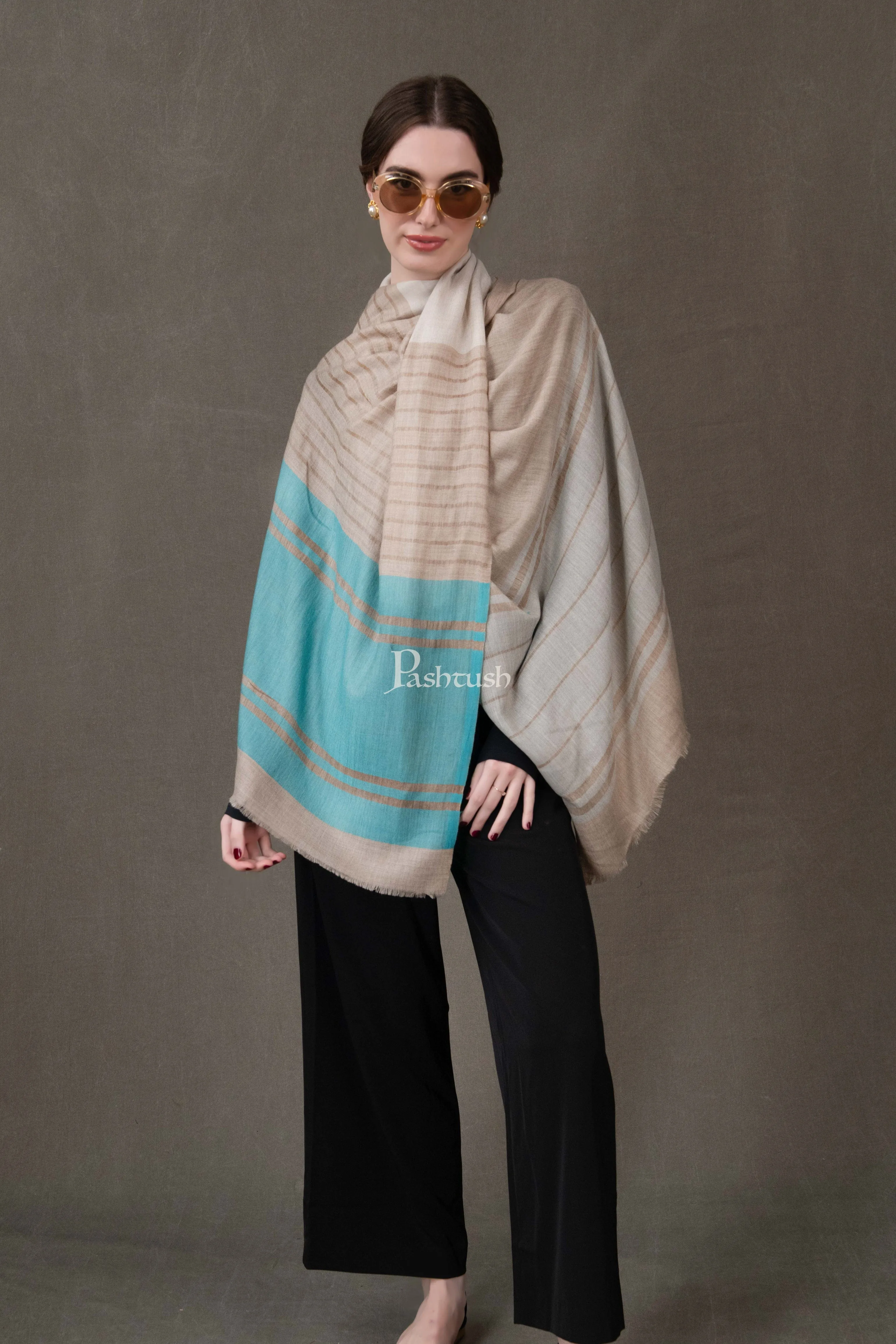 Pashtush Womens Stole, Extra Fine Wool-Silk, Twilight Collection, Beige and Aqua Blue
