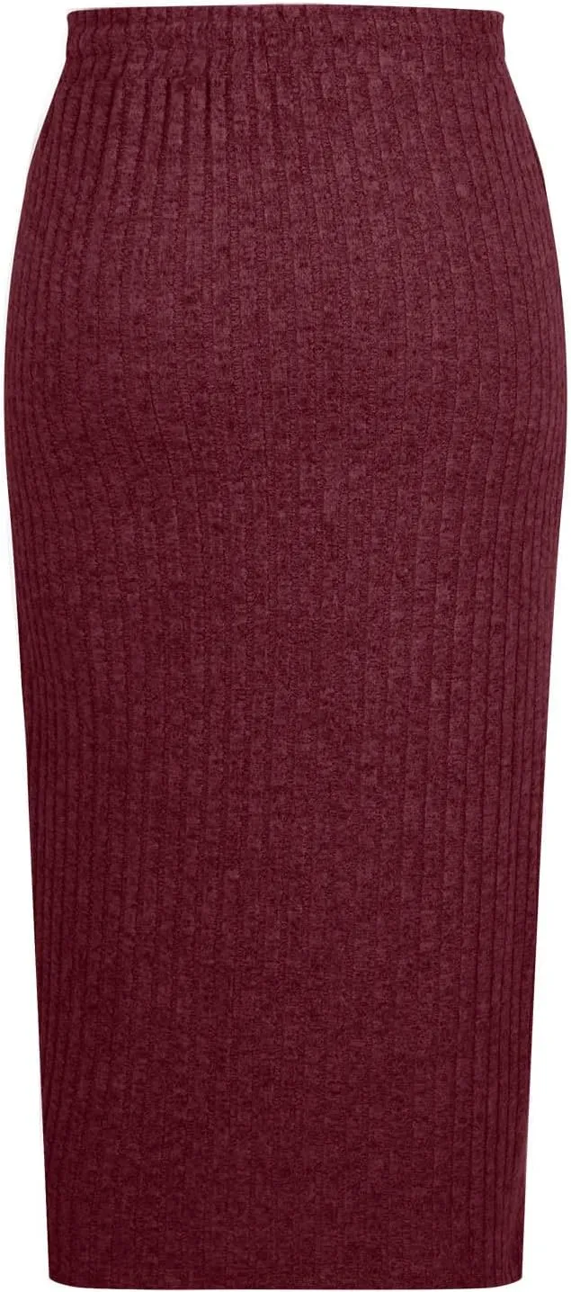 Pencil Skirts for Women Casual Solid Color Knit Ribbed High Waist Lace Up Bodycon Midi Skirts