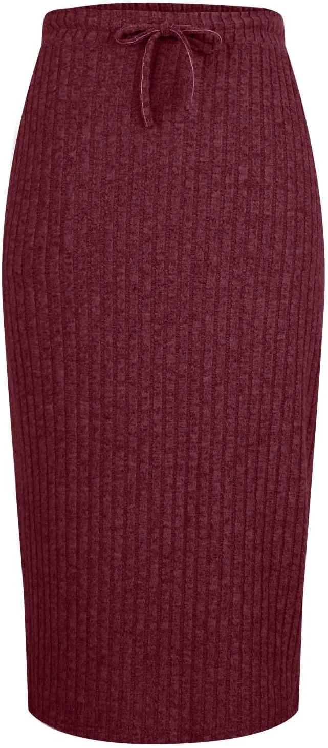Pencil Skirts for Women Casual Solid Color Knit Ribbed High Waist Lace Up Bodycon Midi Skirts