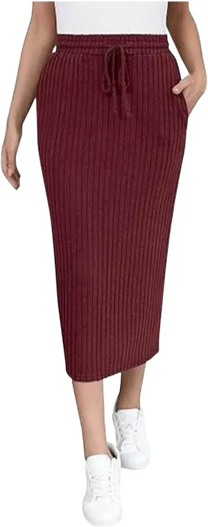 Pencil Skirts for Women Casual Solid Color Knit Ribbed High Waist Lace Up Bodycon Midi Skirts