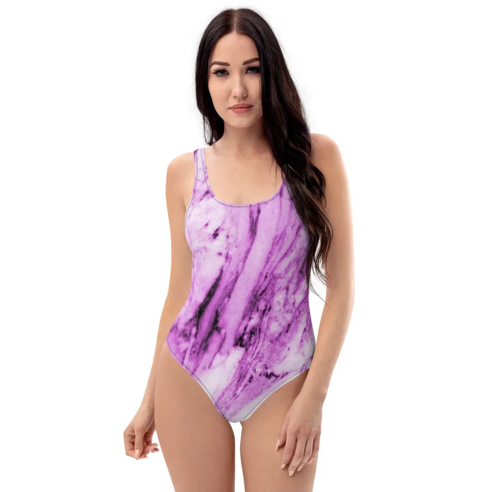 Pink Marble One-Piece Swimsuit, Women's Marble Print Designer Swimwear-Made in USA/EU