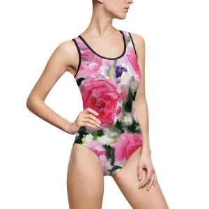 Pink Rose Floral Print Designer Women's Classic One-Piece Swimsuit Sportswear