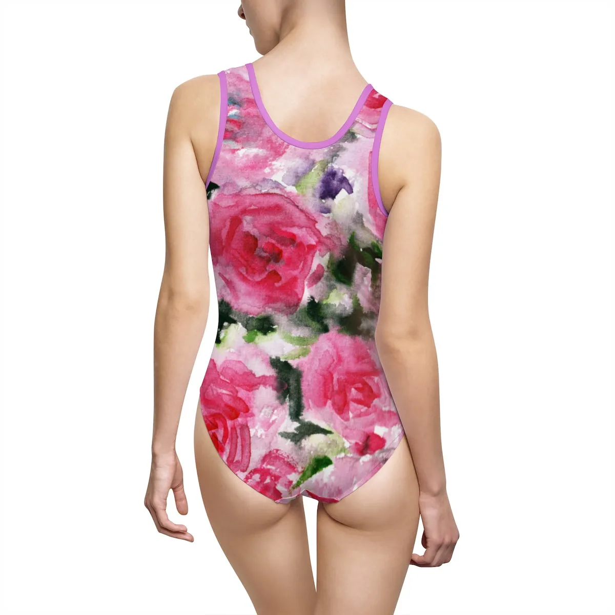 Pink Rose Floral Print Designer Women's Classic One-Piece Swimsuit Sportswear