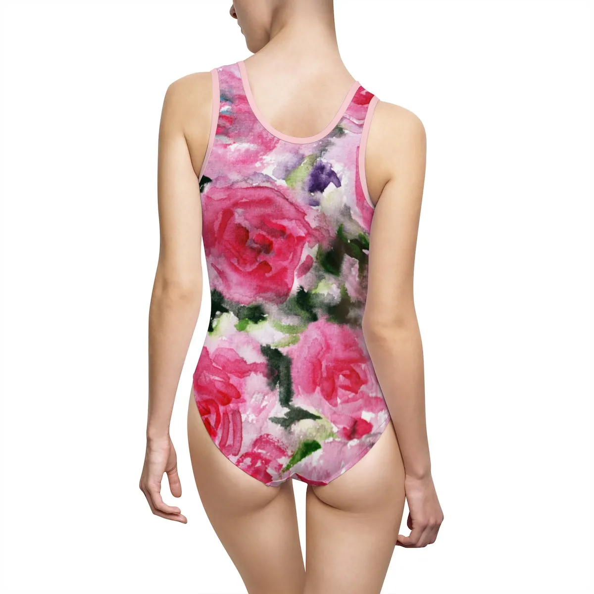 Pink Rose Floral Print Designer Women's Classic One-Piece Swimsuit Sportswear