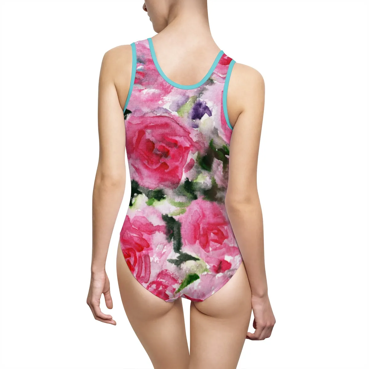 Pink Rose Floral Print Designer Women's Classic One-Piece Swimsuit Sportswear