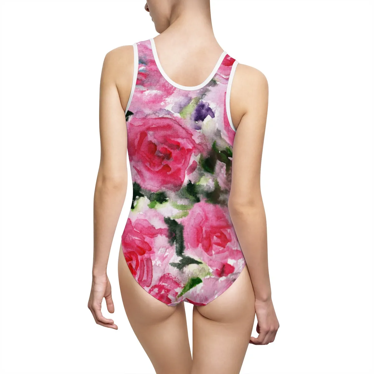 Pink Rose Floral Print Designer Women's Classic One-Piece Swimsuit Sportswear