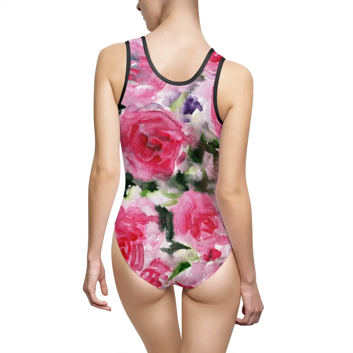 Pink Rose Floral Print Designer Women's Classic One-Piece Swimsuit Sportswear