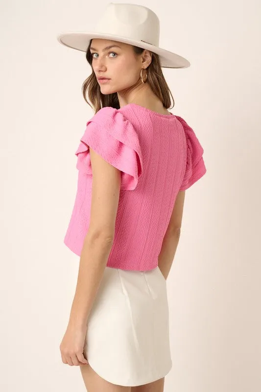 Pink Texture Cable Ruffle Sleeve Top