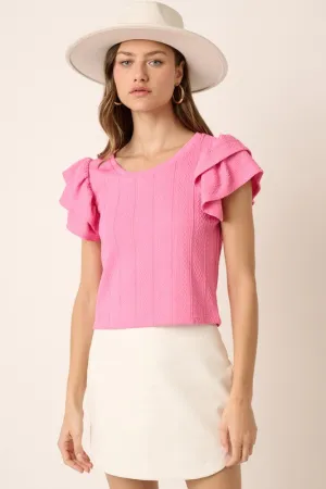 Pink Texture Cable Ruffle Sleeve Top