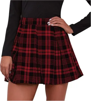 Plaid Skirts for Women Casual Fashion Splicing Skirt Vintage Elastic Waist Mini Party Skater Skirt Swing Skirt