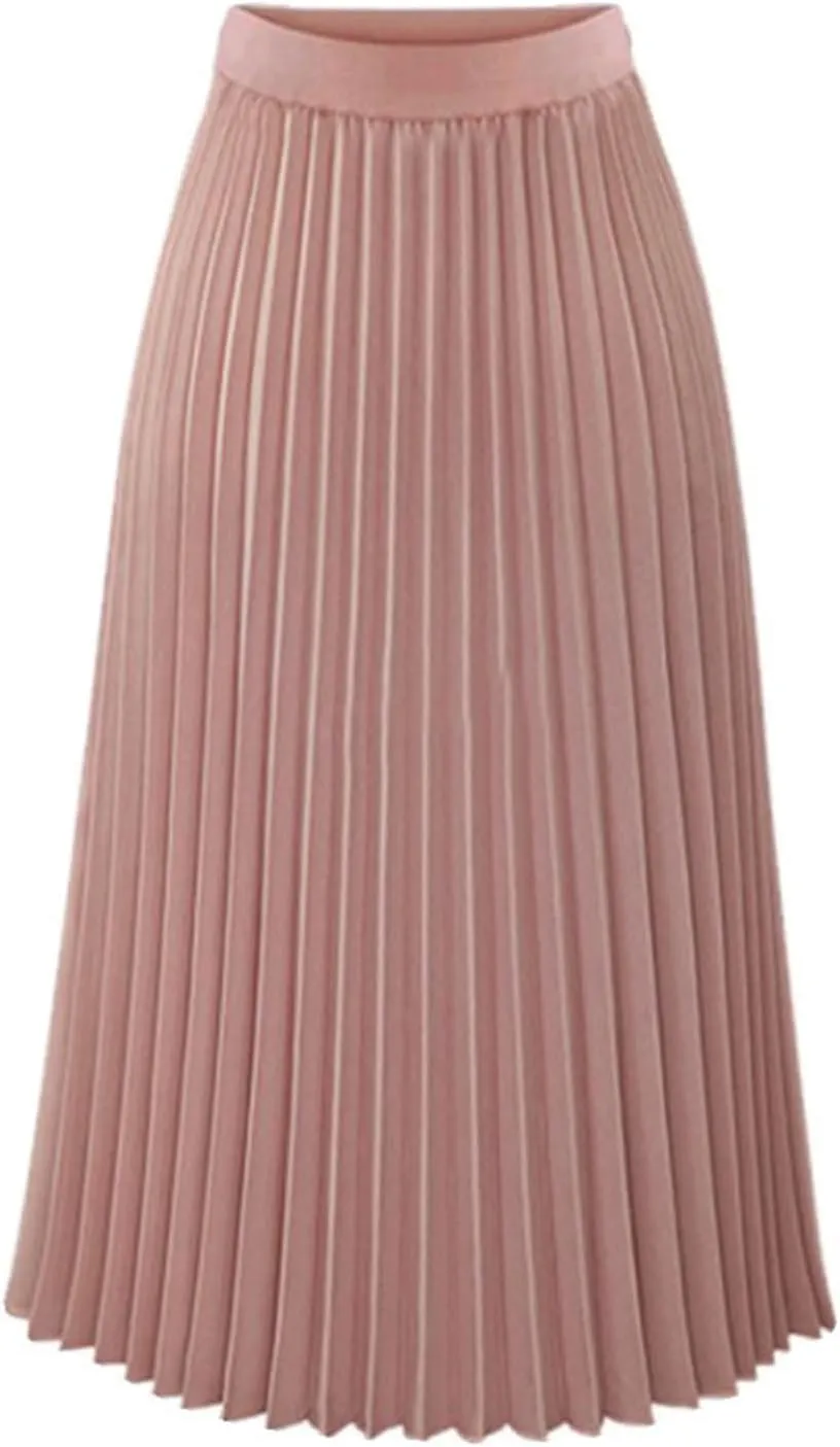 Pleated Midi Skirts for Women, High Waisted Chiffon Flare Casual Skirt Summer Long Skirts Flowy Shirring Skirts