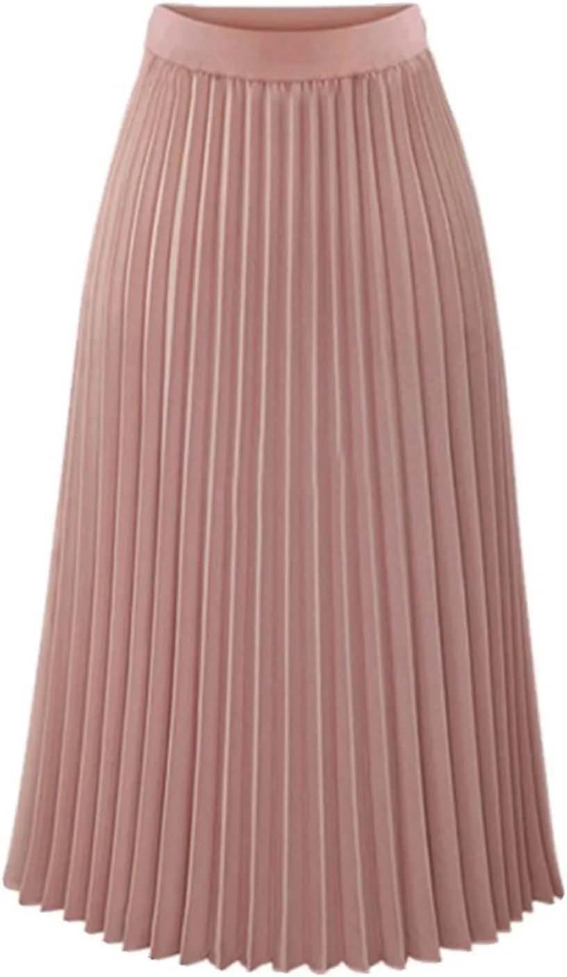 Pleated Midi Skirts for Women, High Waisted Chiffon Flare Casual Skirt Summer Long Skirts Flowy Shirring Skirts