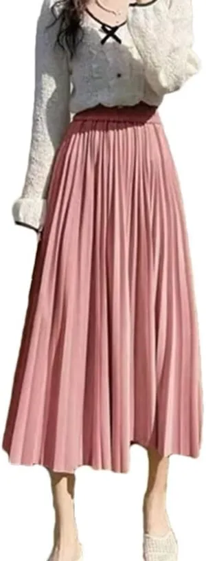 Pleated Skirts Women Spring/Summer Casual Elastic High Waist Midi Long Skirts Fashion Ladies Party Work Skirts