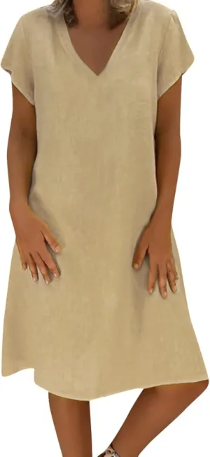 Plus Size Cotton Linen Dresses for Women 2024 Trendy, Summer Casual V-Neck Solid Short Sleeve Loose Beach Midi Dress Women Dresses Short Women Floral Dresses Long Khaki