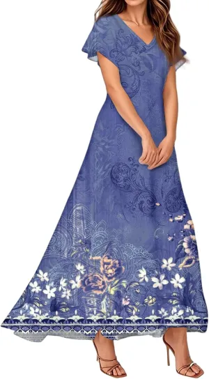 Plus Size Dresses for Curvy Women Casual Loose Trendy Short Sleeve V-Neck Floral Printed Sun Maxi Dress, XS-2XL
