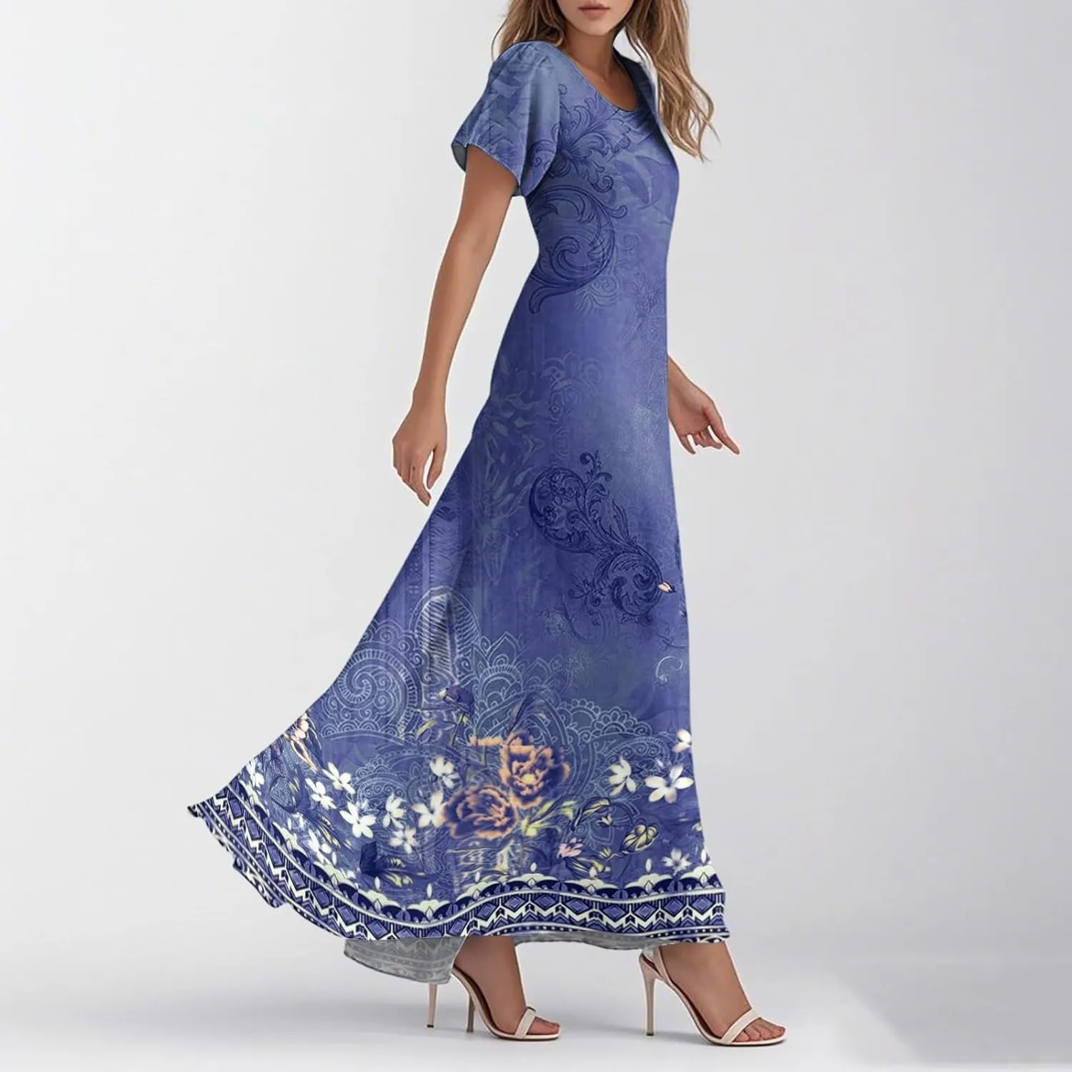 Plus Size Dresses for Curvy Women Casual Loose Trendy Short Sleeve V-Neck Floral Printed Sun Maxi Dress, XS-2XL