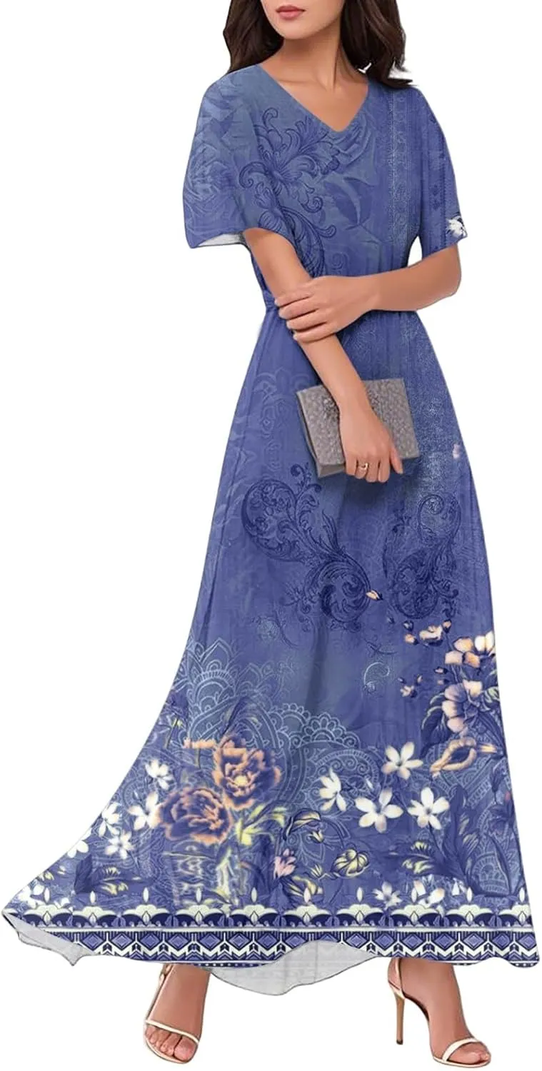 Plus Size Dresses for Curvy Women Casual Loose Trendy Short Sleeve V-Neck Floral Printed Sun Maxi Dress, XS-2XL