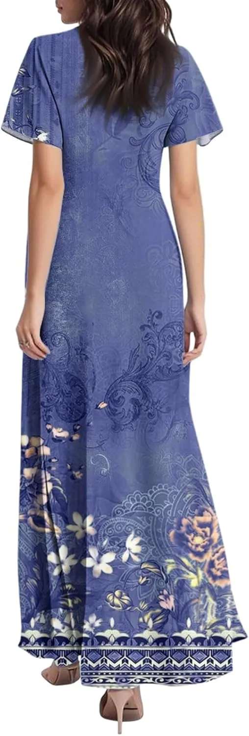 Plus Size Dresses for Curvy Women Casual Loose Trendy Short Sleeve V-Neck Floral Printed Sun Maxi Dress, XS-2XL