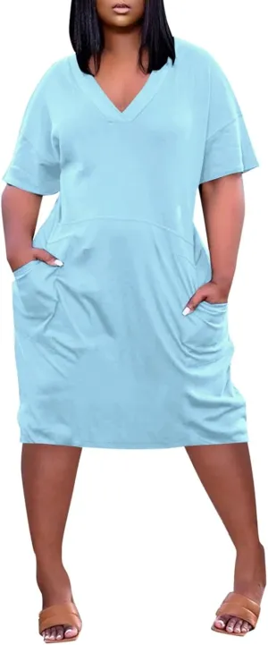 Plus Size Dresses for Curvy Women Oversize T Shirt Midi Dress Loose Short Sleeve V Neck Dress