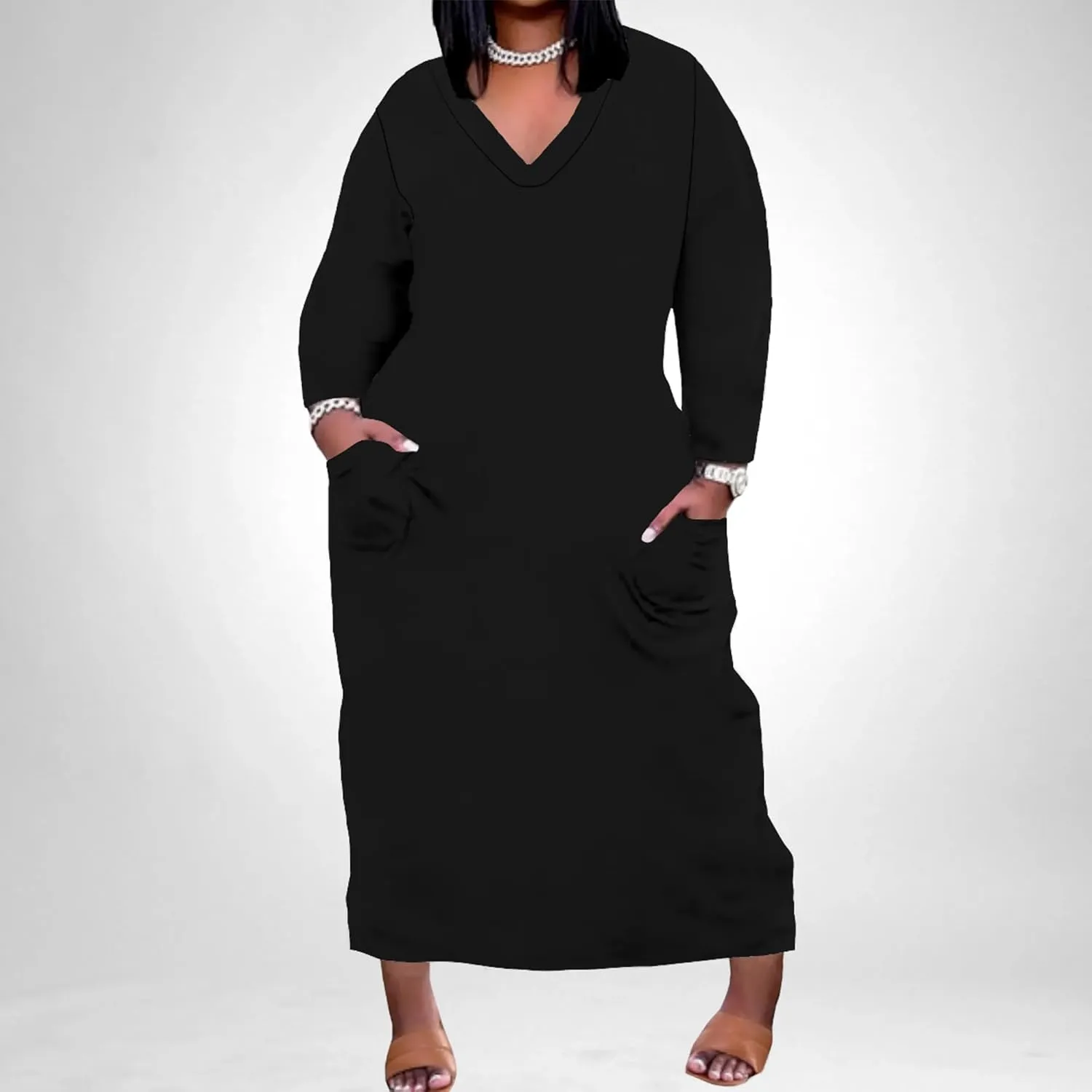 Plus-Size Loose Maxi Dresses for Women Solid Color Gradient Autumn Long Sleeves V Neck Club Party Sundress with Pockets