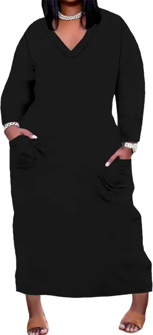 Plus-Size Loose Maxi Dresses for Women Solid Color Gradient Autumn Long Sleeves V Neck Club Party Sundress with Pockets