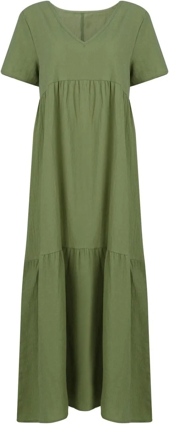 Plus Size Maxi Dresses for Curvy Women Summer Linen Dress Short Sleeve V Neck Long Sundress Flowy Beach Dress