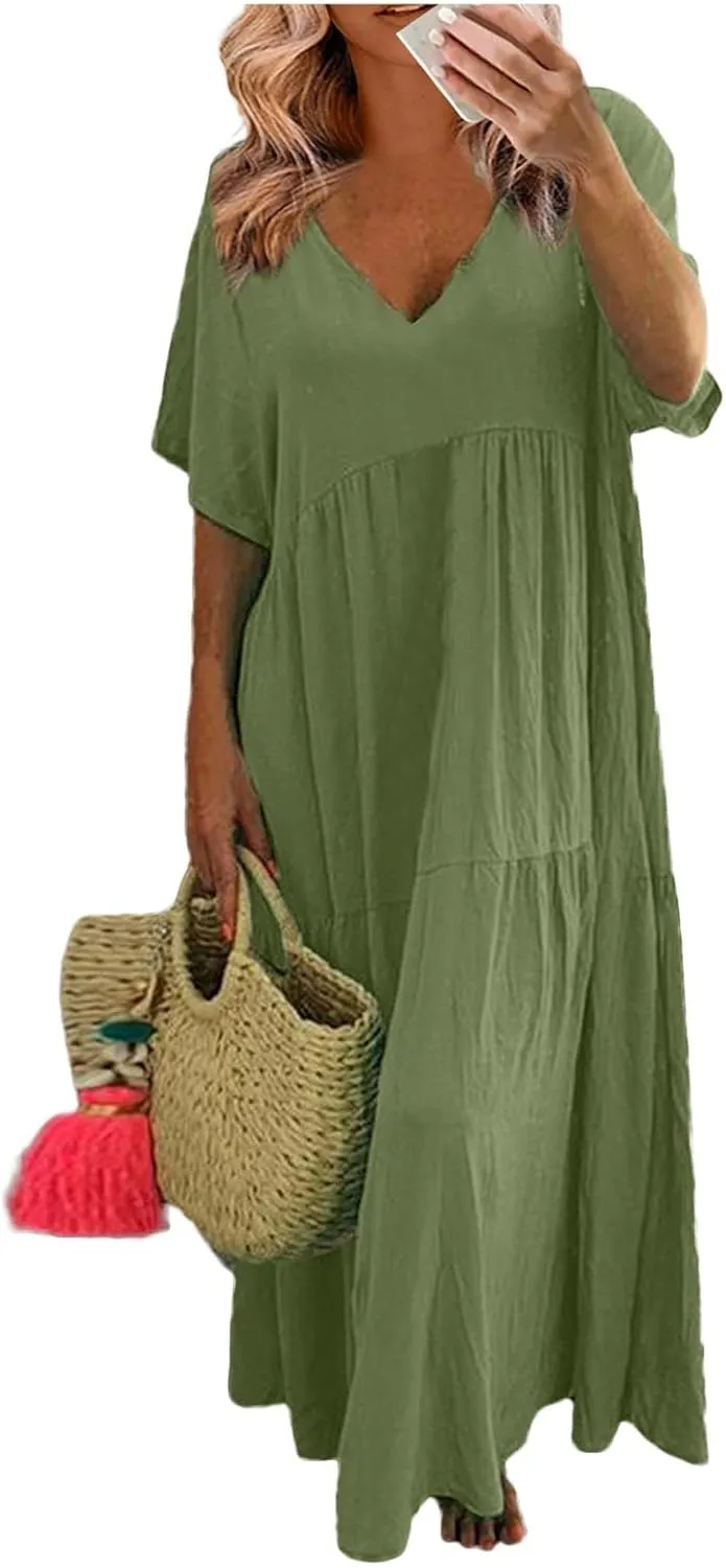 Plus Size Maxi Dresses for Curvy Women Summer Linen Dress Short Sleeve V Neck Long Sundress Flowy Beach Dress