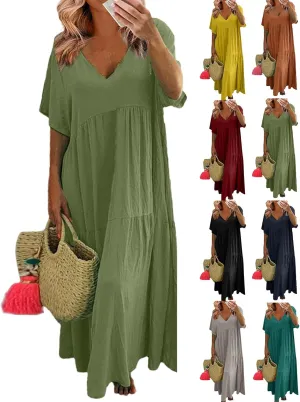Plus Size Maxi Dresses for Curvy Women Summer Linen Dress Short Sleeve V Neck Long Sundress Flowy Beach Dress