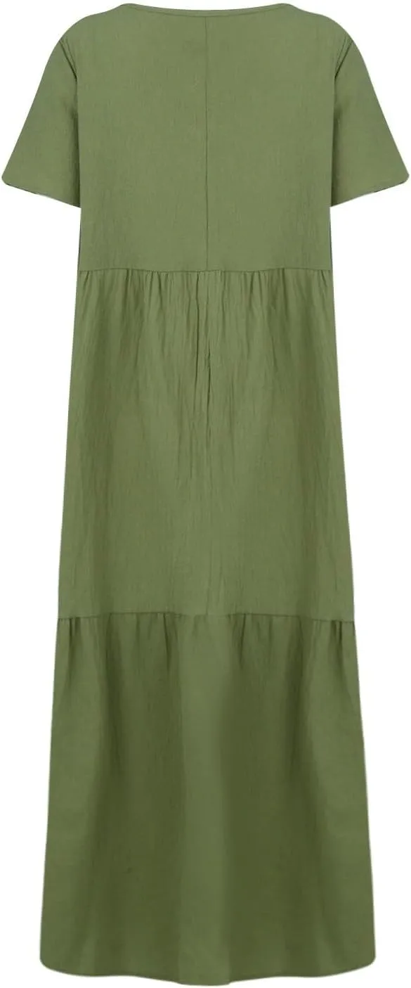Plus Size Maxi Dresses for Curvy Women Summer Linen Dress Short Sleeve V Neck Long Sundress Flowy Beach Dress