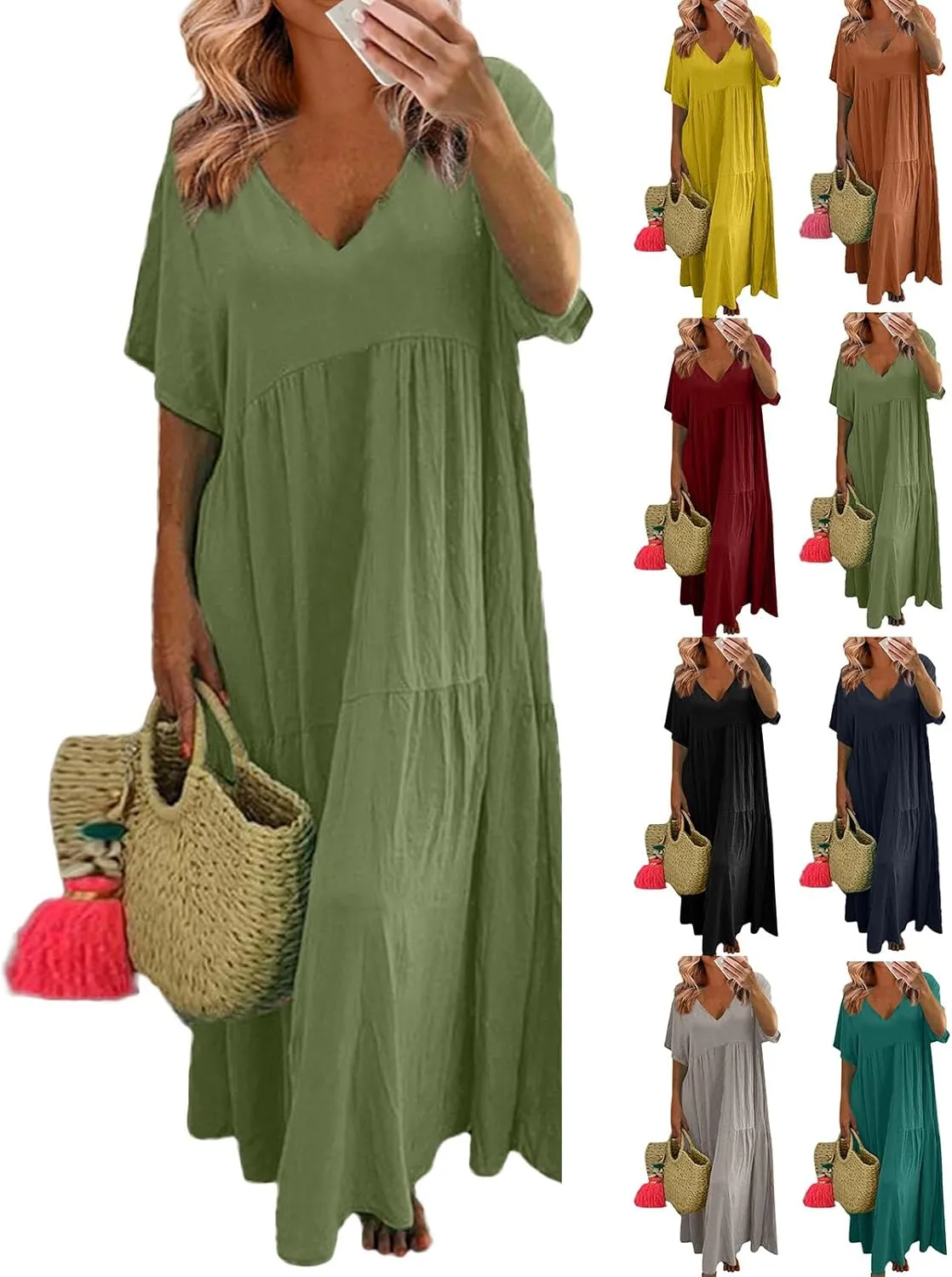 Plus Size Maxi Dresses for Curvy Women Summer Linen Dress Short Sleeve V Neck Long Sundress Flowy Beach Dress