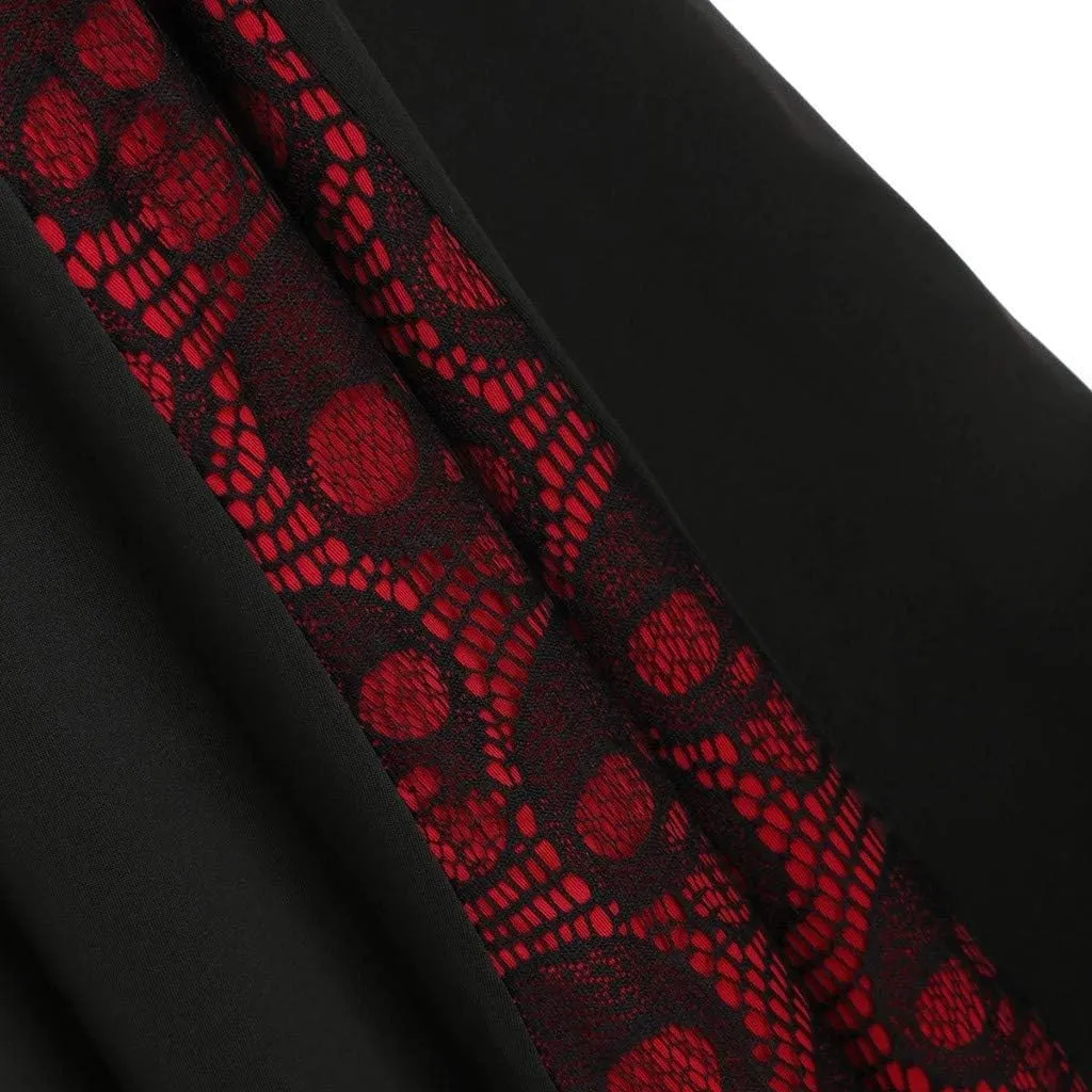 Plus Size Midi Gothic Skirts for Womens High Waist Lace Up Maxi Pleated Skirts Lace Patchwork Dresses