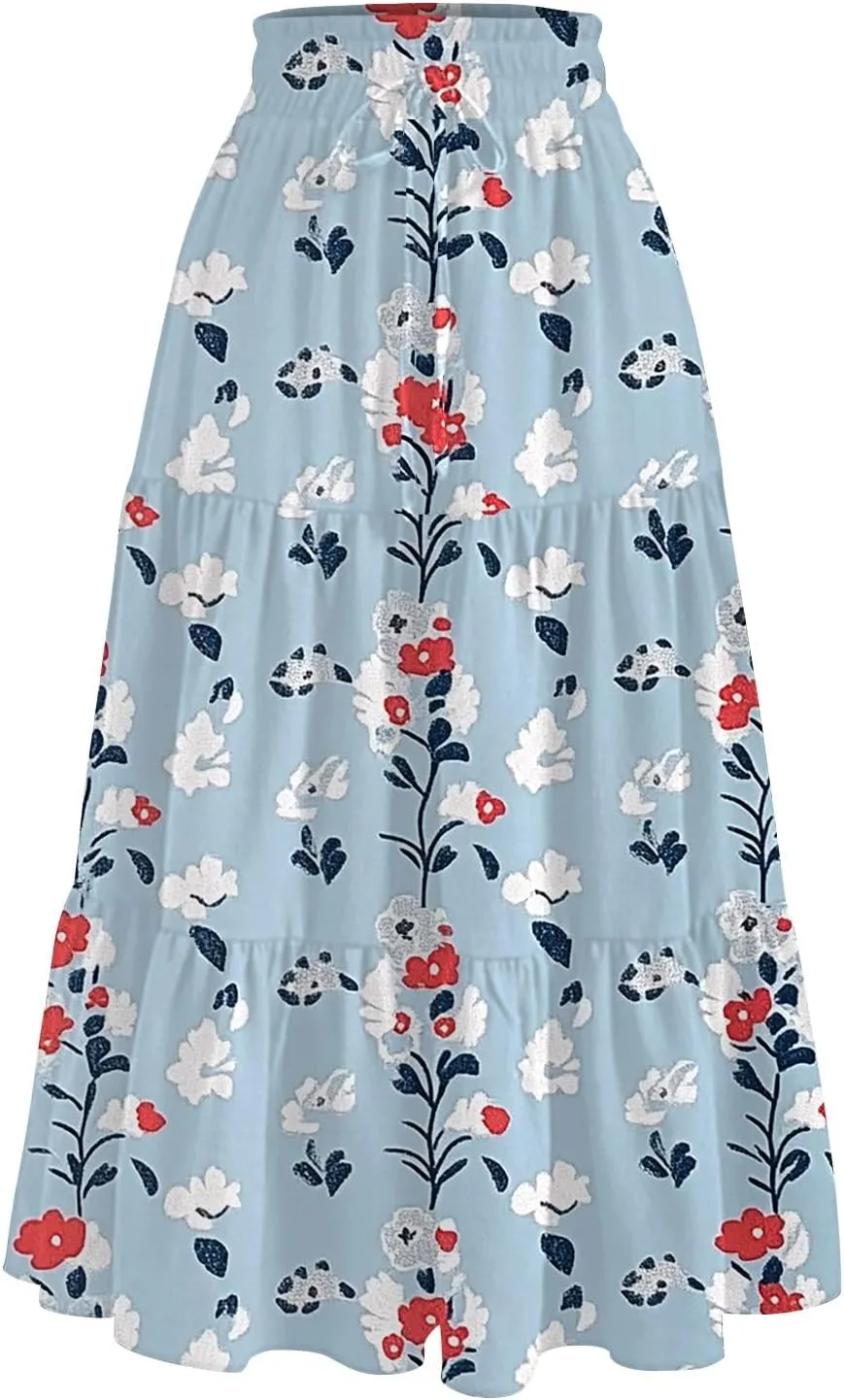 Plus Size Pleated Skirt for Women High Waist Flowy A-Line Maxi Skirt Summer