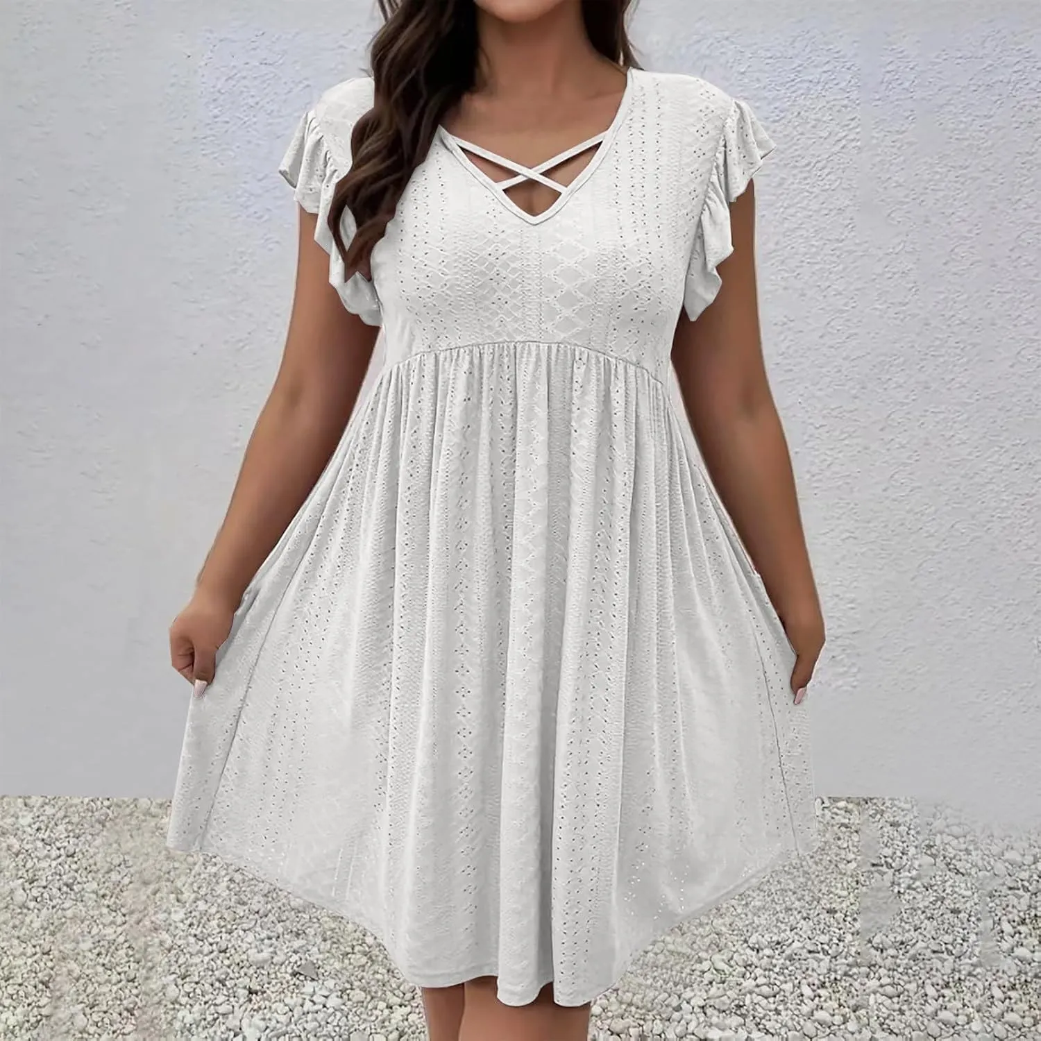 Plus Size Summer Dresses for Curvy Women Eyelet Embroidery Casual Dress Ruffle Sleeve Criss Cross V Neck Dresses