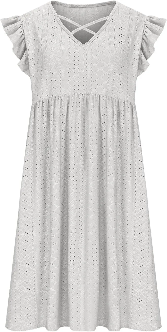 Plus Size Summer Dresses for Curvy Women Eyelet Embroidery Casual Dress Ruffle Sleeve Criss Cross V Neck Dresses