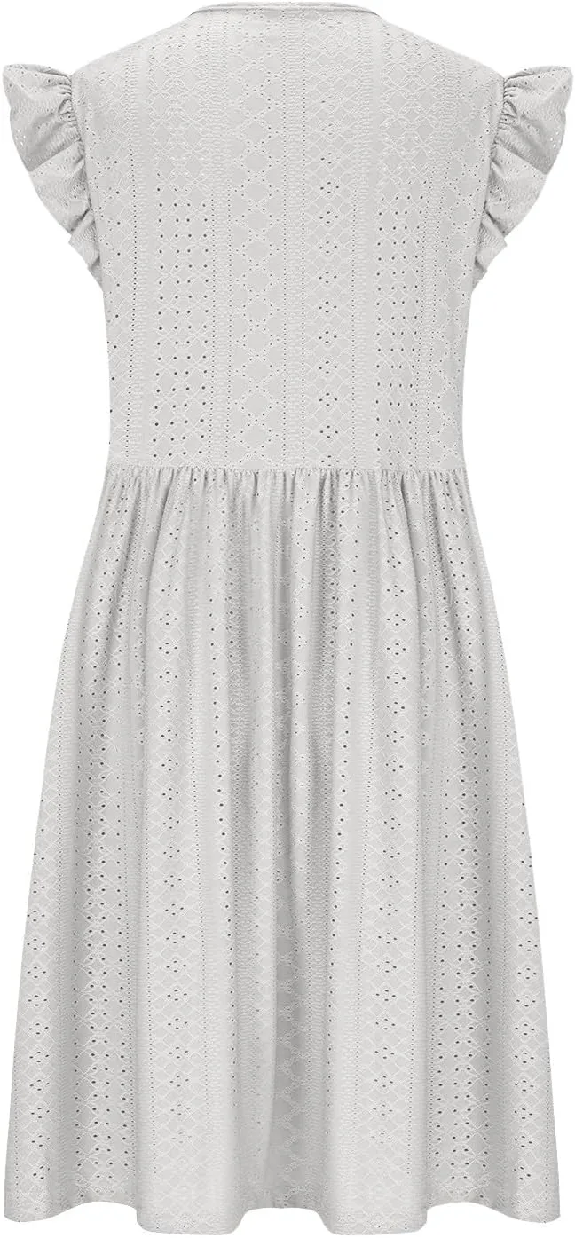 Plus Size Summer Dresses for Curvy Women Eyelet Embroidery Casual Dress Ruffle Sleeve Criss Cross V Neck Dresses
