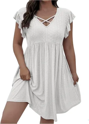 Plus Size Summer Dresses for Curvy Women Eyelet Embroidery Casual Dress Ruffle Sleeve Criss Cross V Neck Dresses