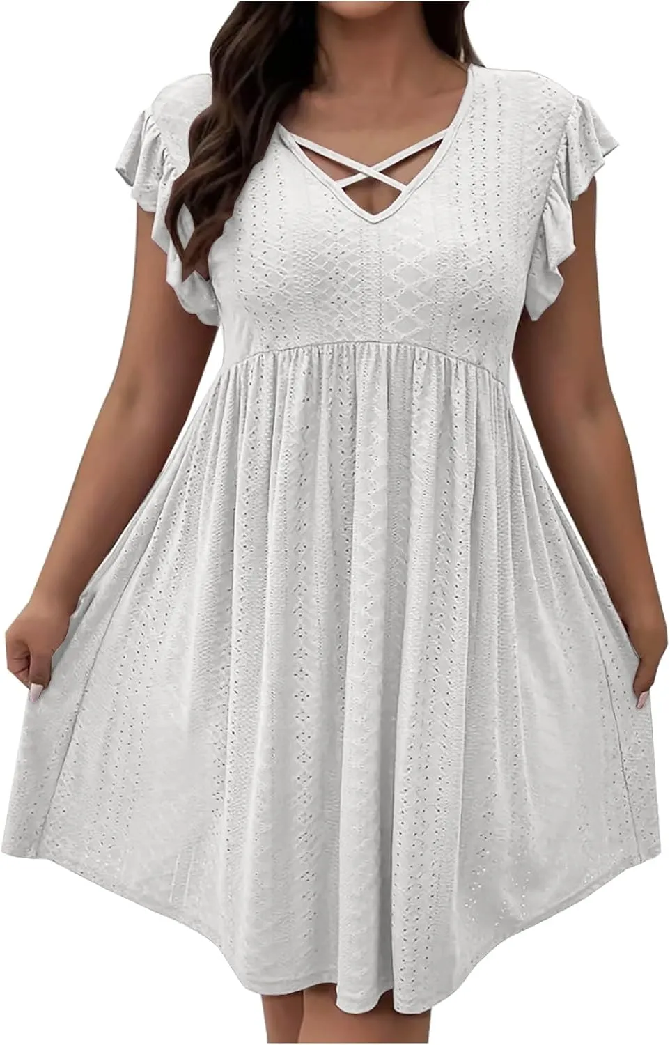 Plus Size Summer Dresses for Curvy Women Eyelet Embroidery Casual Dress Ruffle Sleeve Criss Cross V Neck Dresses