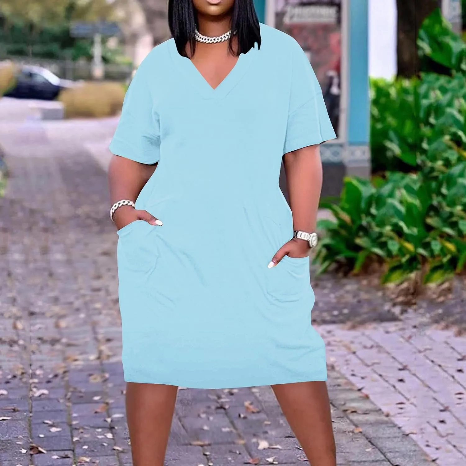 Plus Size Summer Dresses for Women 2024 Midi Dresses Short Sleeve Tshirt Dress Sexy V Neck Dresses with Pocket, Small