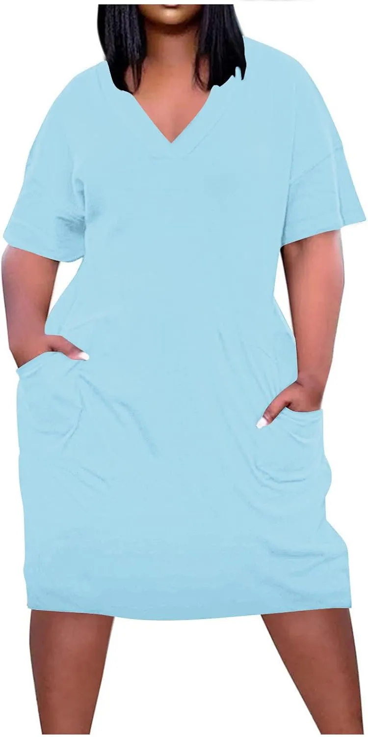 Plus Size Summer Dresses for Women 2024 Midi Dresses Short Sleeve Tshirt Dress Sexy V Neck Dresses with Pocket, Small