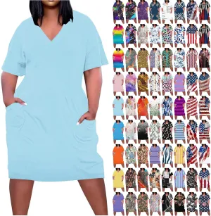 Plus Size Summer Dresses for Women 2024 Midi Dresses Short Sleeve Tshirt Dress Sexy V Neck Dresses with Pocket, Small