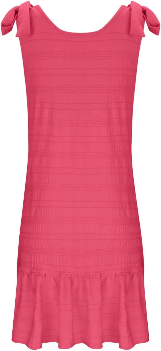 Plus Size Textured Mini Dresses for Women Casual Bowknot Strap Sleevevless Button Decor Ruffle Hem Tank Beach Sundress