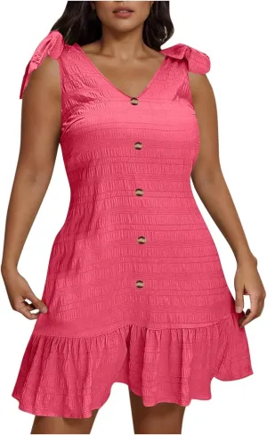 Plus Size Textured Mini Dresses for Women Casual Bowknot Strap Sleevevless Button Decor Ruffle Hem Tank Beach Sundress
