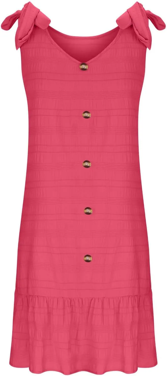 Plus Size Textured Mini Dresses for Women Casual Bowknot Strap Sleevevless Button Decor Ruffle Hem Tank Beach Sundress