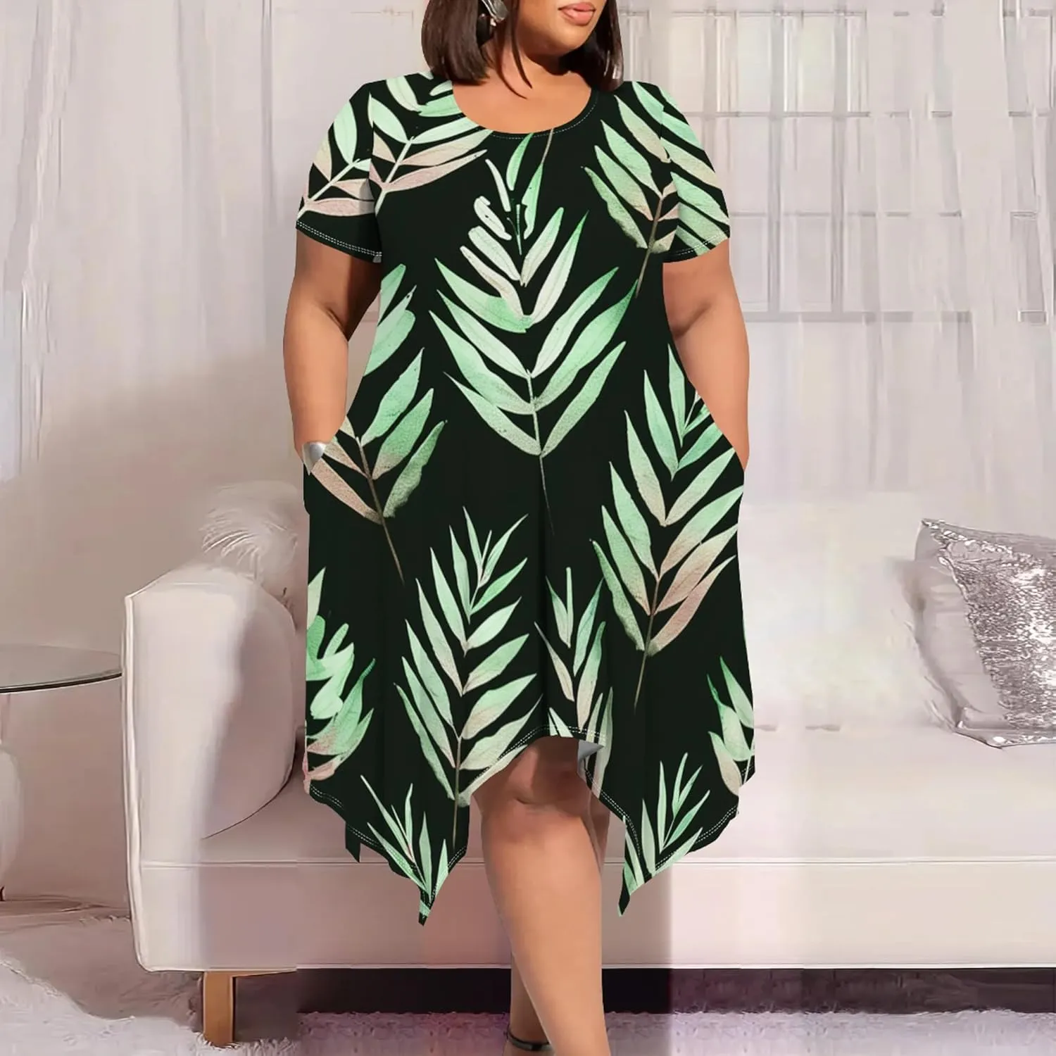 Plus Size Womens Summer Casual T Shirt Midi Dresses Crewneck Short Sleeve Swing Tunic Sundresses with Pockets Dress