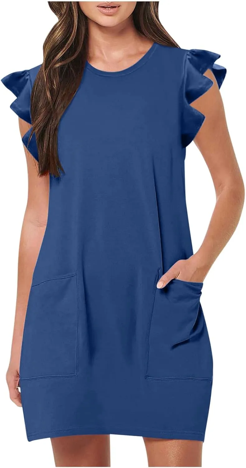 Pocket Womens Summer 2024 Dresses A Line Ruffle Cap Short Sleeve Casual Petite Mini Dress Flowy Sundress Cute Party