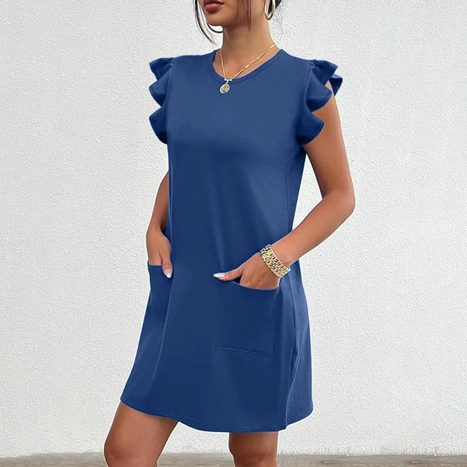 Pocket Womens Summer 2024 Dresses A Line Ruffle Cap Short Sleeve Casual Petite Mini Dress Flowy Sundress Cute Party