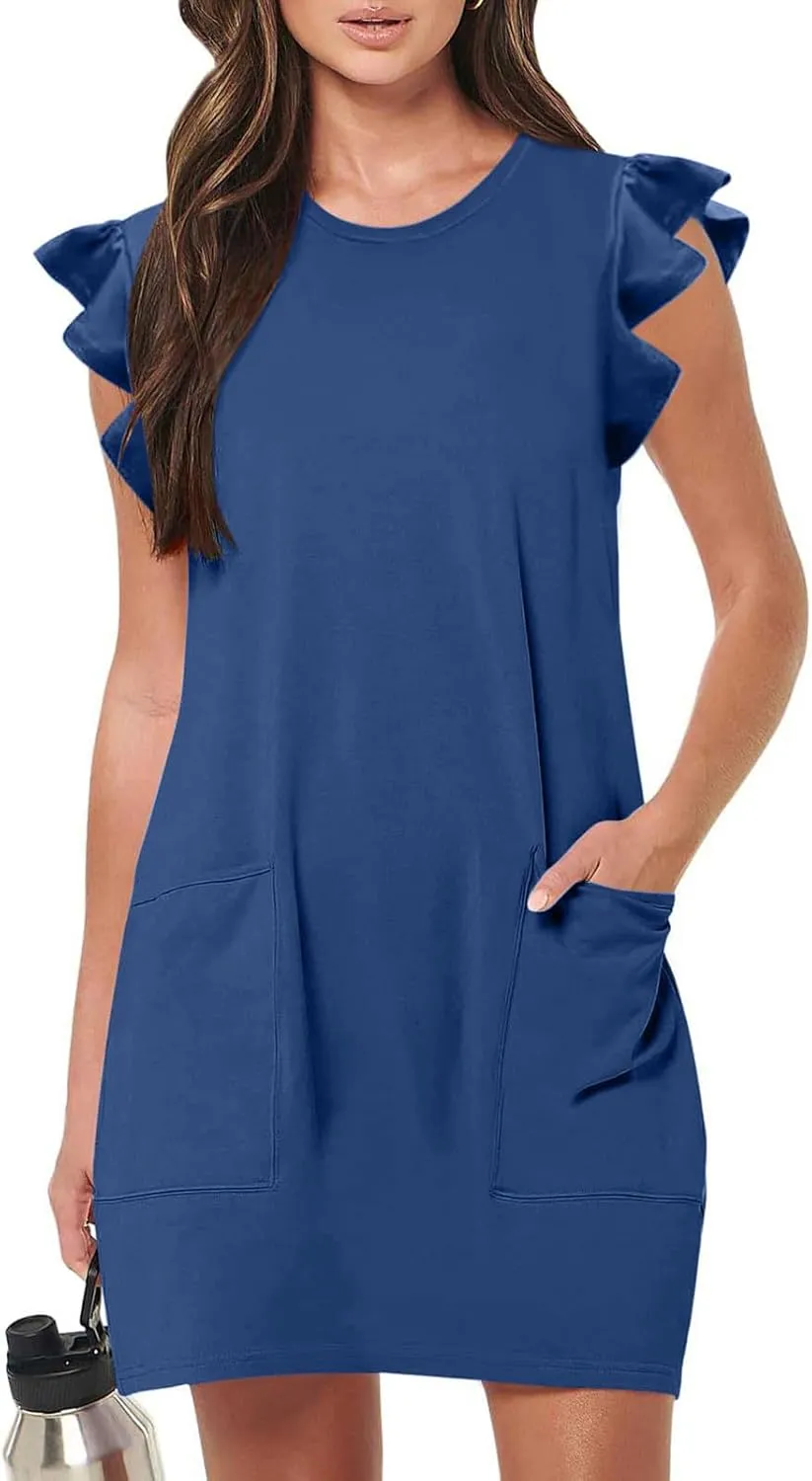 Pocket Womens Summer 2024 Dresses A Line Ruffle Cap Short Sleeve Casual Petite Mini Dress Flowy Sundress Cute Party